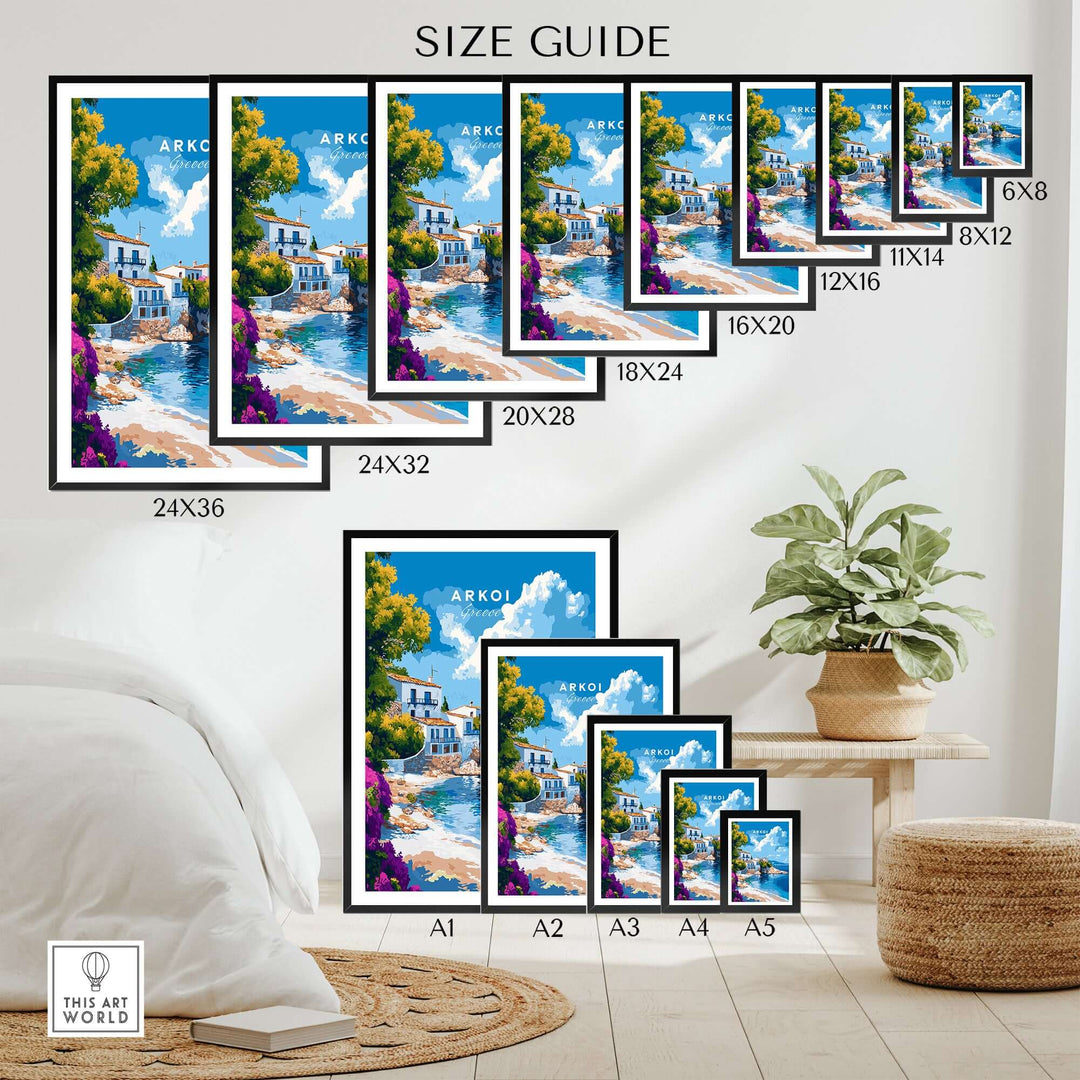 Size guide for Arkoi Greece wall art showcasing various frame sizes against a stylish interior setting.