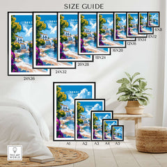 Various sizes of Arkoi Greece Wall Art displayed as a size guide for wall decor options.