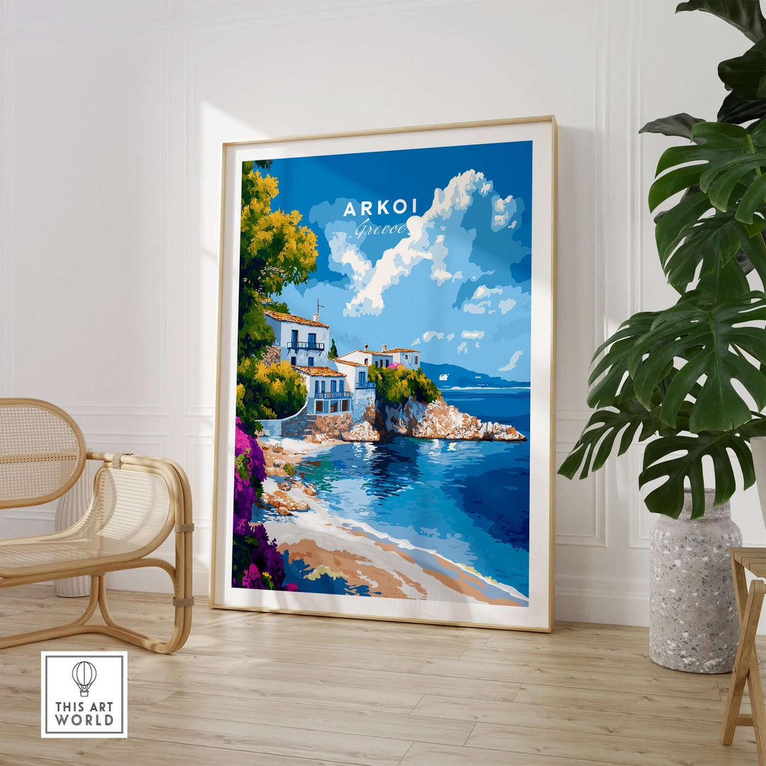 Vibrant Arkoi Greece wall art showcasing a coastal scene with blue waters and lush greenery, perfect for Mediterranean decor.