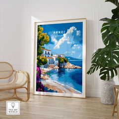 Arkoi Greece Wall Art showcasing a colorful coastal scene, perfect for adding Mediterranean charm to your home.