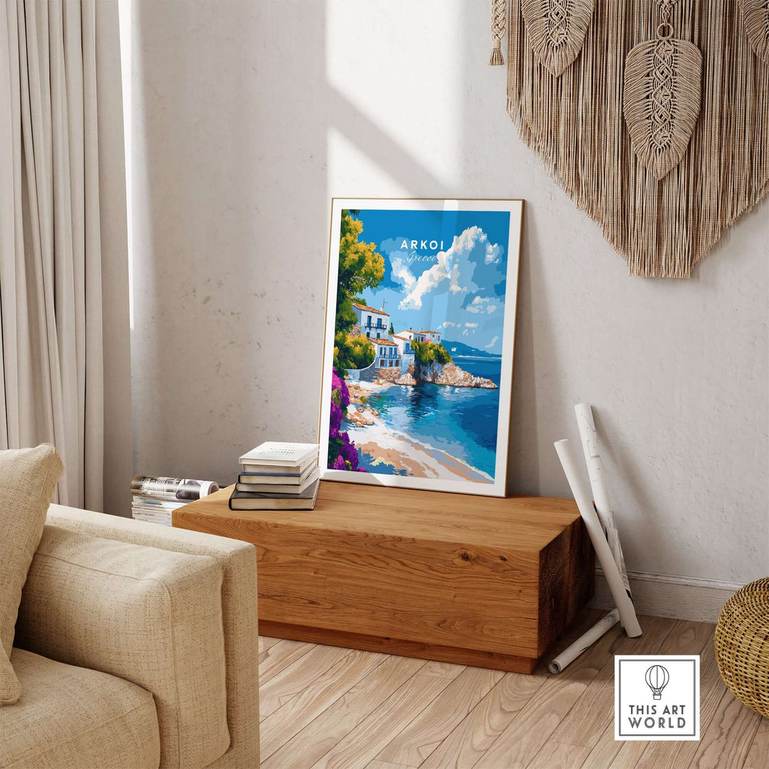 Arkoi Greece wall art displayed in a cozy living room, showcasing Mediterranean scenery and vibrant colors.