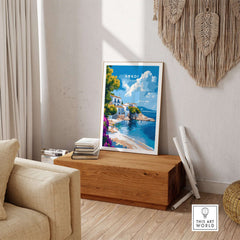 Arkoi Greece Wall Art displayed in a cozy living room setting, showcasing the beauty of Greek landscapes.
