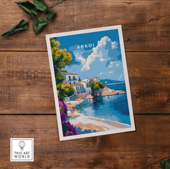 Vibrant Arkoi Greece wall art depicting a scenic beach with colorful buildings and lush greenery, perfect for Mediterranean decor.