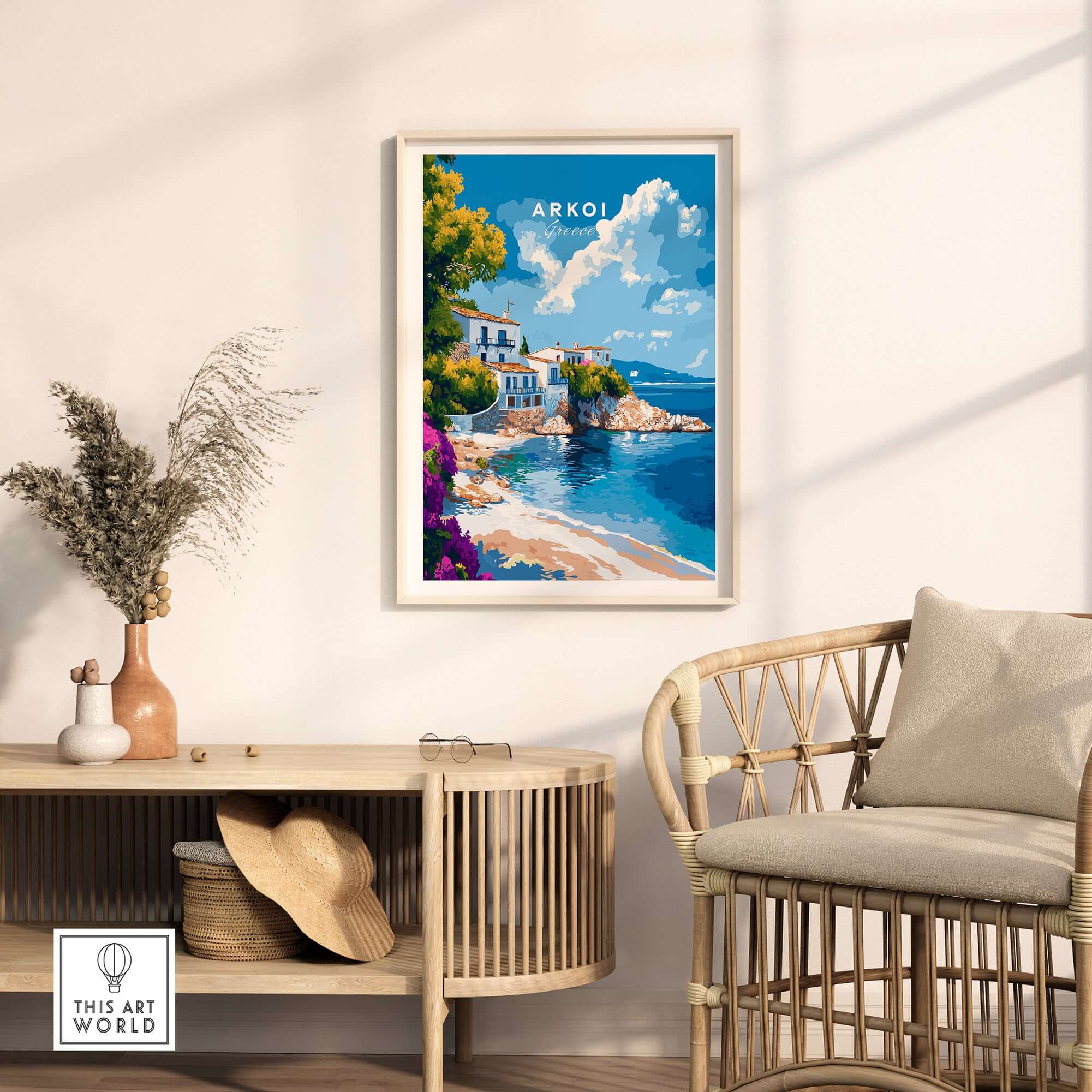 Arkoi Greece Wall Art showcasing a stunning coastal scene, perfect for adding Mediterranean charm to your home.