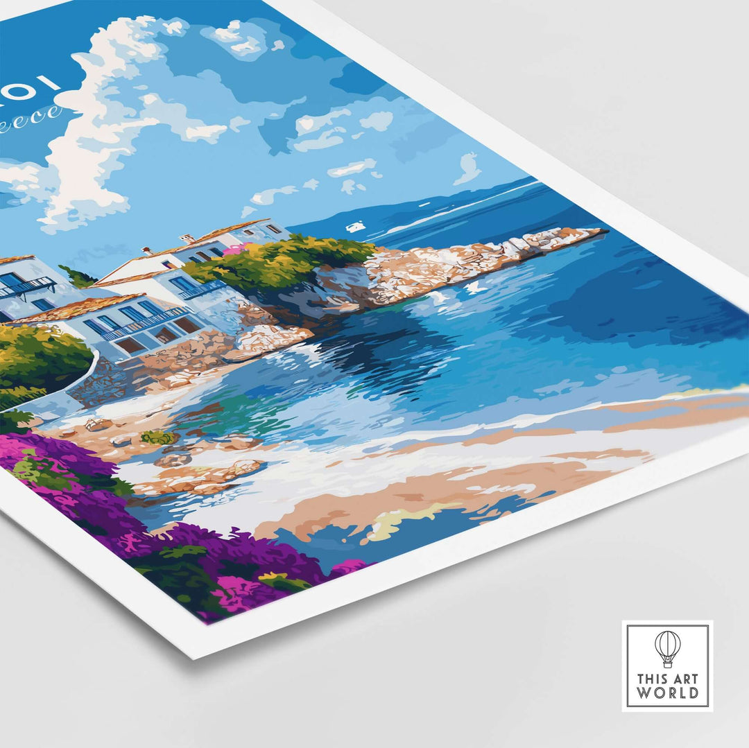 Arkoi Greece wall art featuring a vibrant coastal scene with colorful flowers and beautiful architecture by the sea.