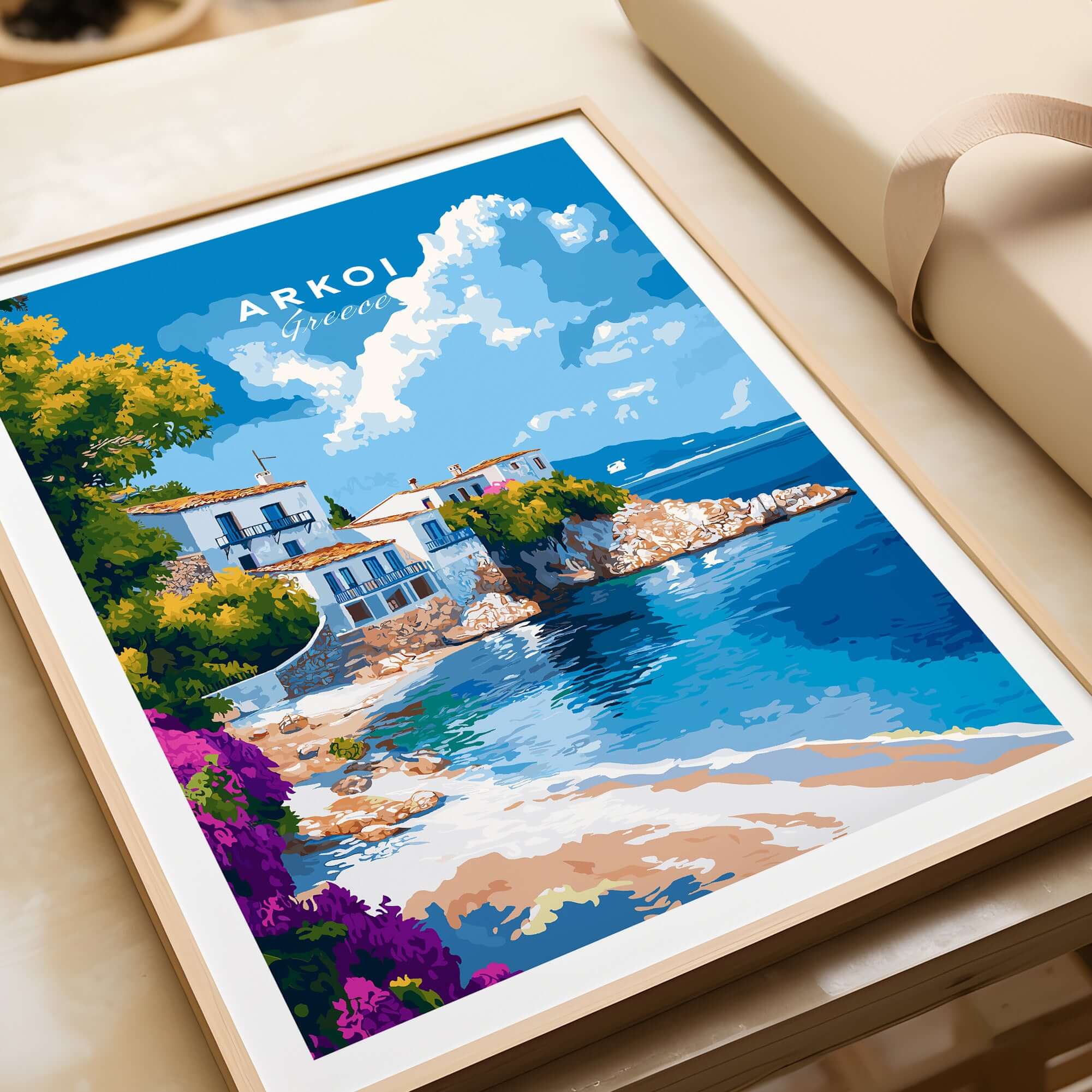 Arkoi Greece Wall Art featuring a vibrant coastal scene with houses and colorful flowers.