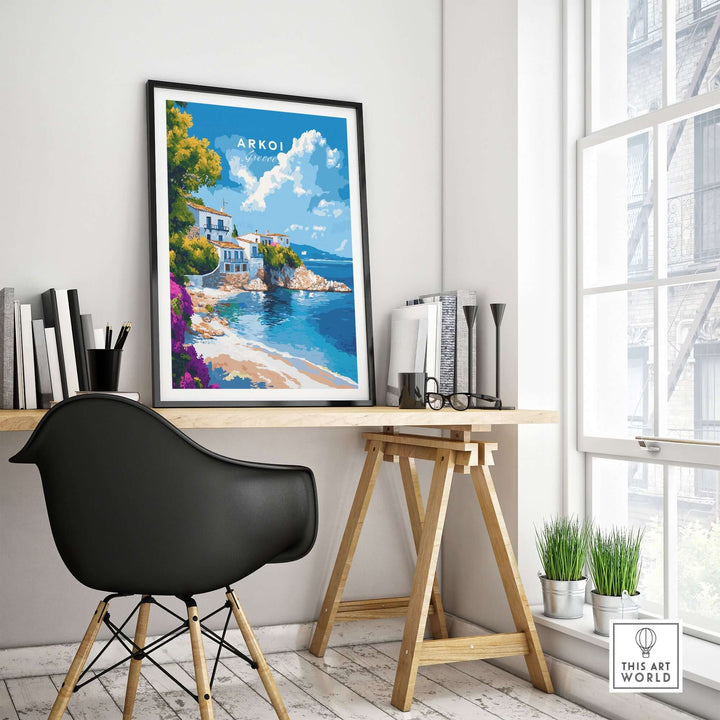 Arkoi Greece wall art displayed in a bright, modern home office, showcasing Mediterranean coastal scenery and vibrant colors.