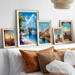 Stunning Arkoi Greece Wall Art displayed alongside other city wall art, enhancing a cozy living space.