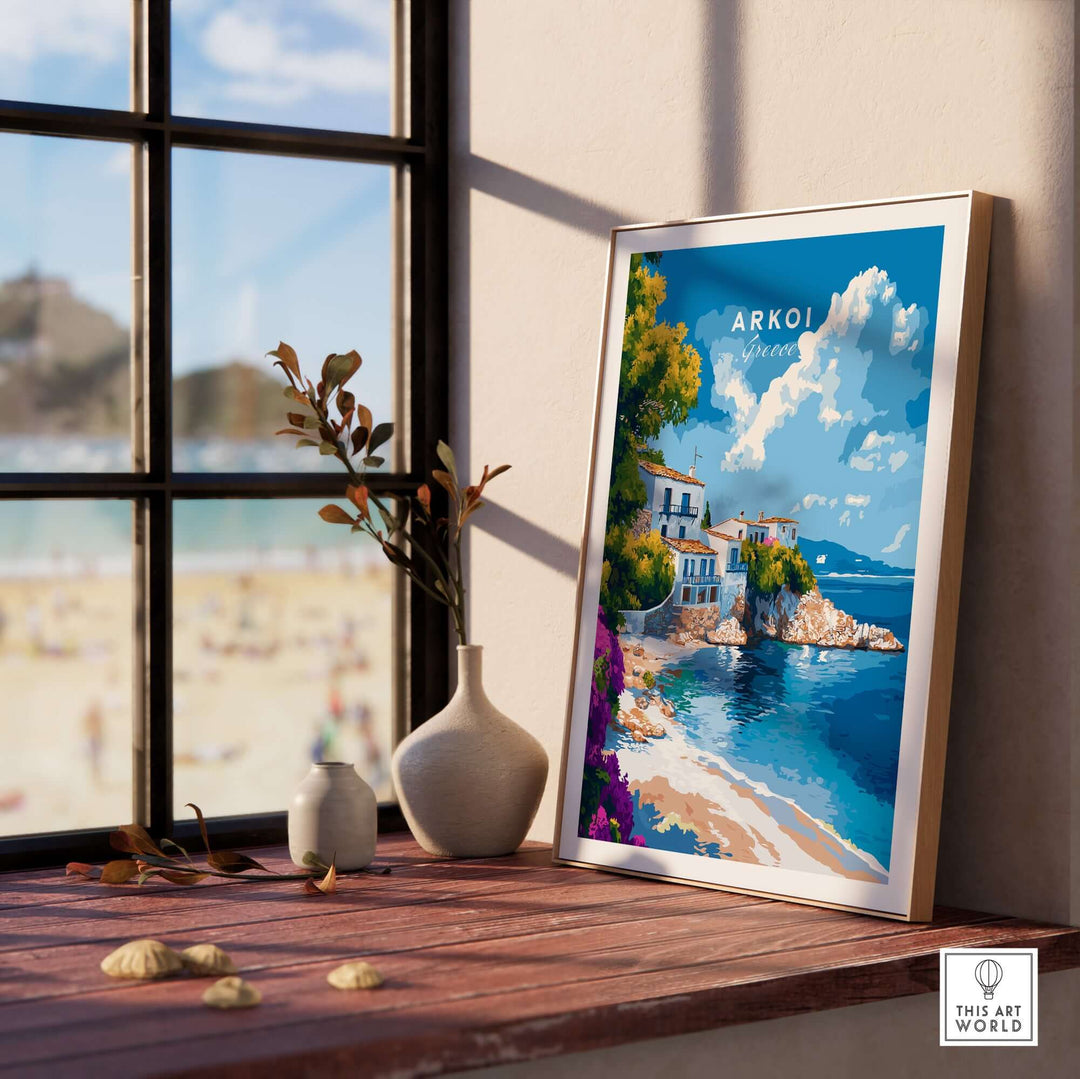 Arkoi Greece wall art displayed in a sunny room, showcasing Mediterranean scenery and vibrant colors.