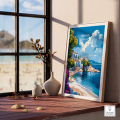 Arkoi Greece Wall Art displayed in a modern setting, showcasing beautiful Mediterranean scenery and vibrant colors.