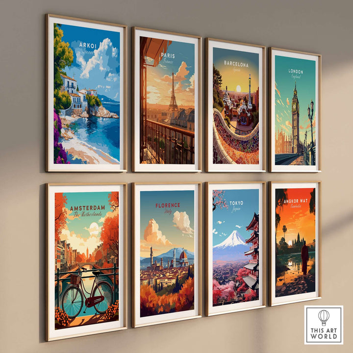 A collage of city-inspired wall art featuring Arkoi, Paris, Barcelona, London, Amsterdam, Florence, Tokyo, and Angkor Wat.