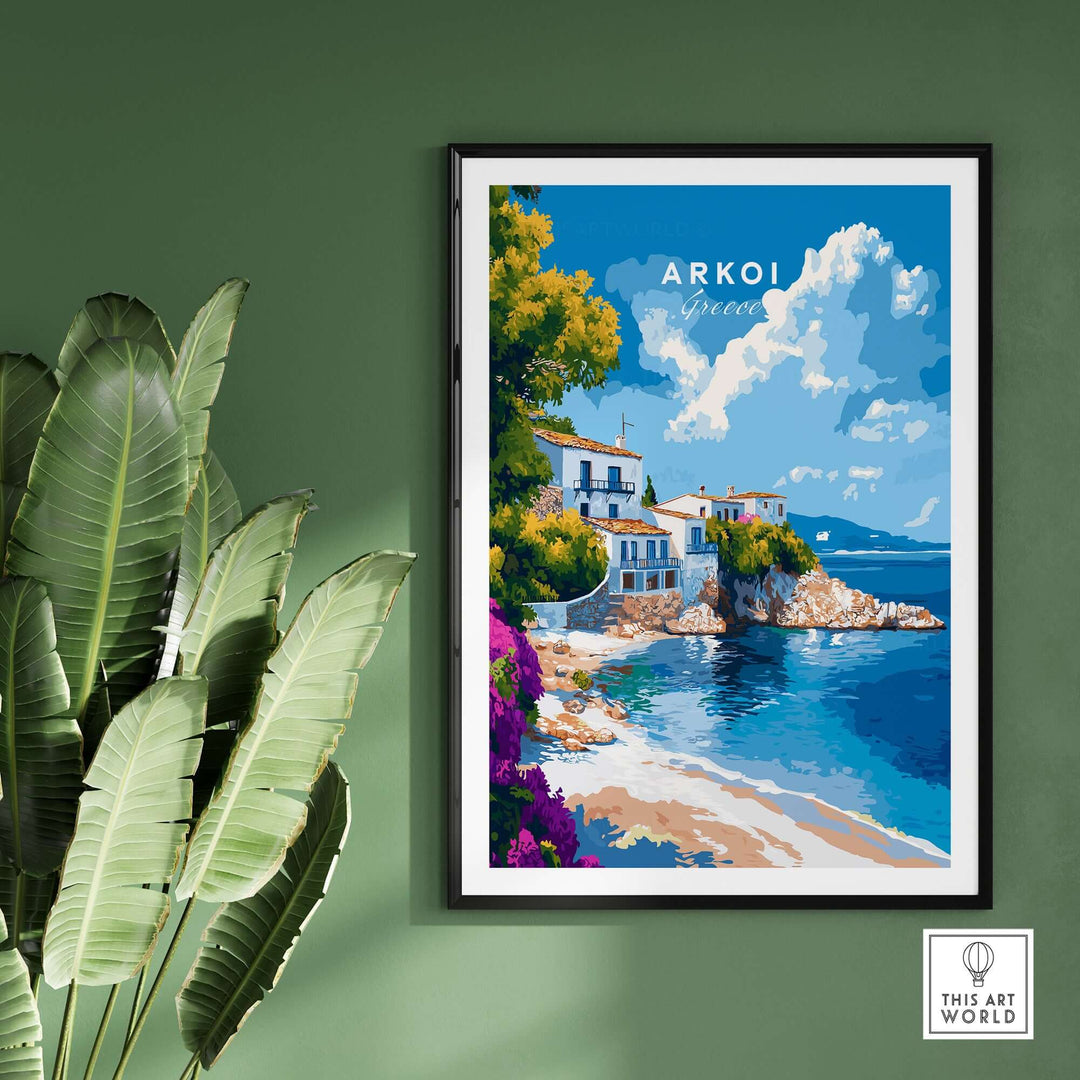 Arkoi Greece wall art featuring a picturesque coastal scene with vibrant colors, perfect for adding Mediterranean charm to any room.