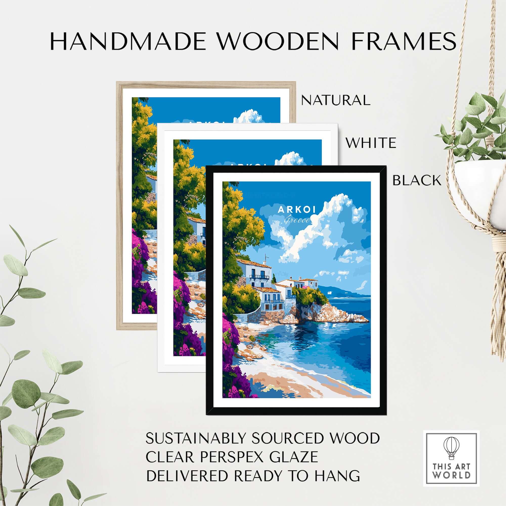 Arkoi Greece Wall Art displayed in handmade wooden frames in natural, white, and black finishes, ready to hang.