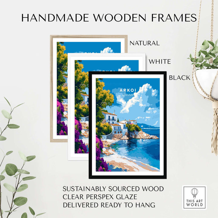 Handmade wooden frames in natural, white, and black for Arkoi Greece wall art, sustainably sourced and ready to hang.