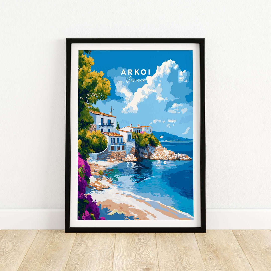 Colorful Arkoi Greece wall art depicting a beautiful coastal scene, perfect for adding Mediterranean charm to any room.