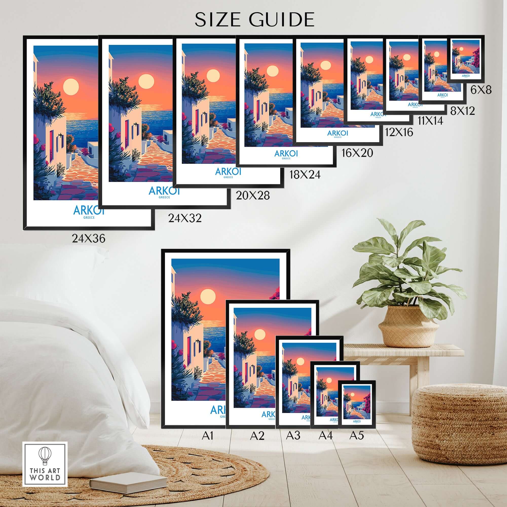 Arkoi Poster Greece size guide displaying various frame sizes for the stunning Arkoi Poster.