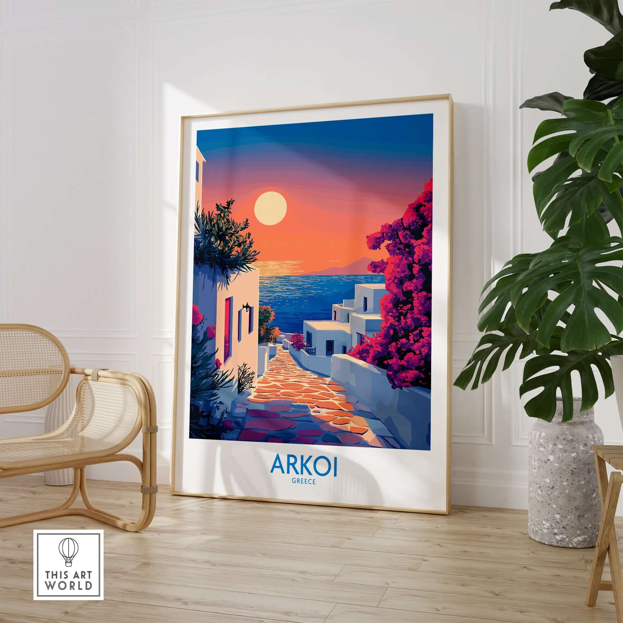 Arkoi Poster Greece showcasing a vibrant sunset over the picturesque island of Arkoi, perfect for home decor.