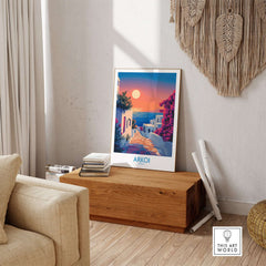 Arkoi Poster Greece showcasing a vibrant sunset over scenic white buildings and colorful foliage.