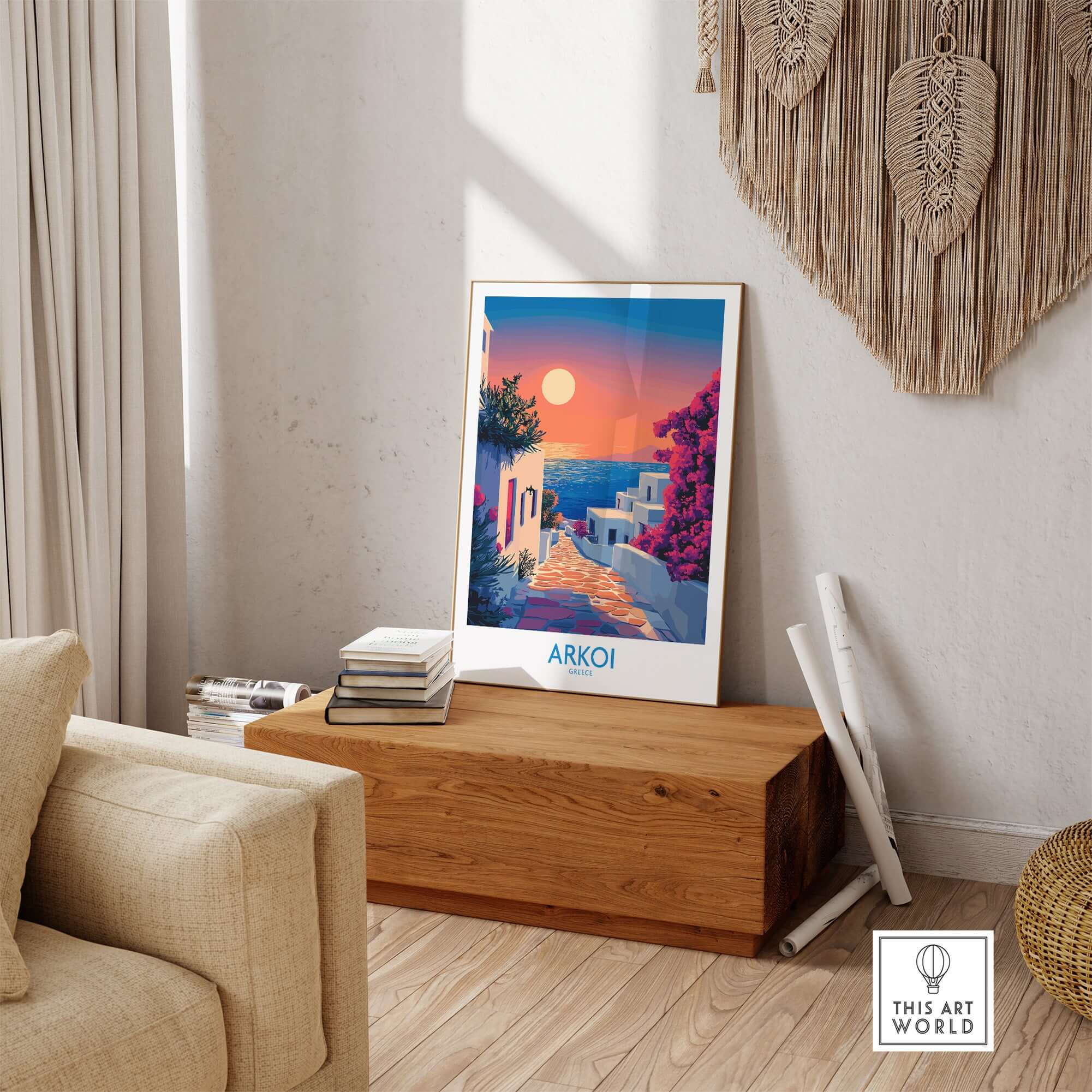 Arkoi Poster Greece showcasing a vibrant sunset over scenic white buildings and colorful foliage.