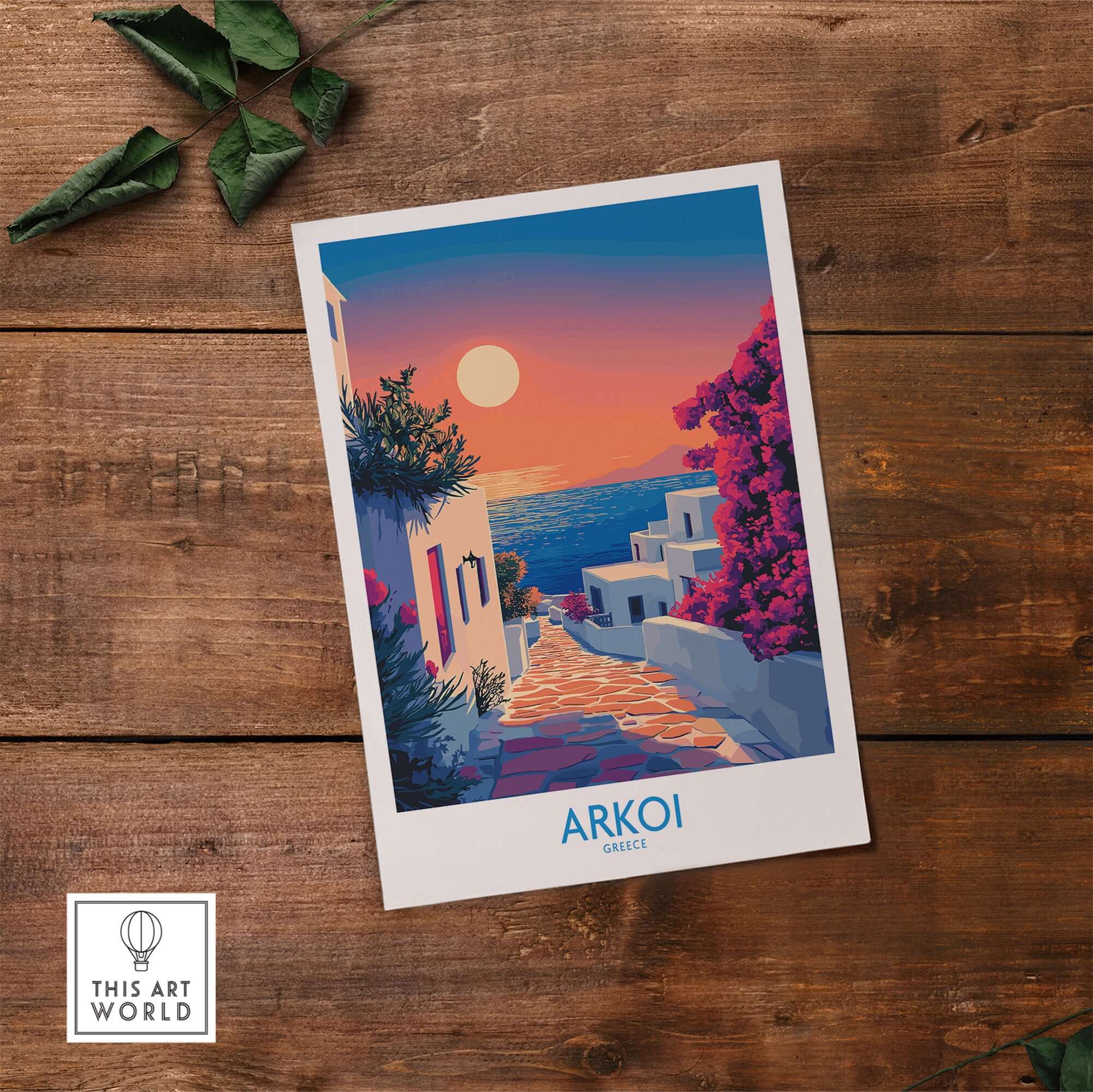 Arkoi Poster Greece showcasing a vibrant sunset and picturesque scenery of the island of Arkoi.