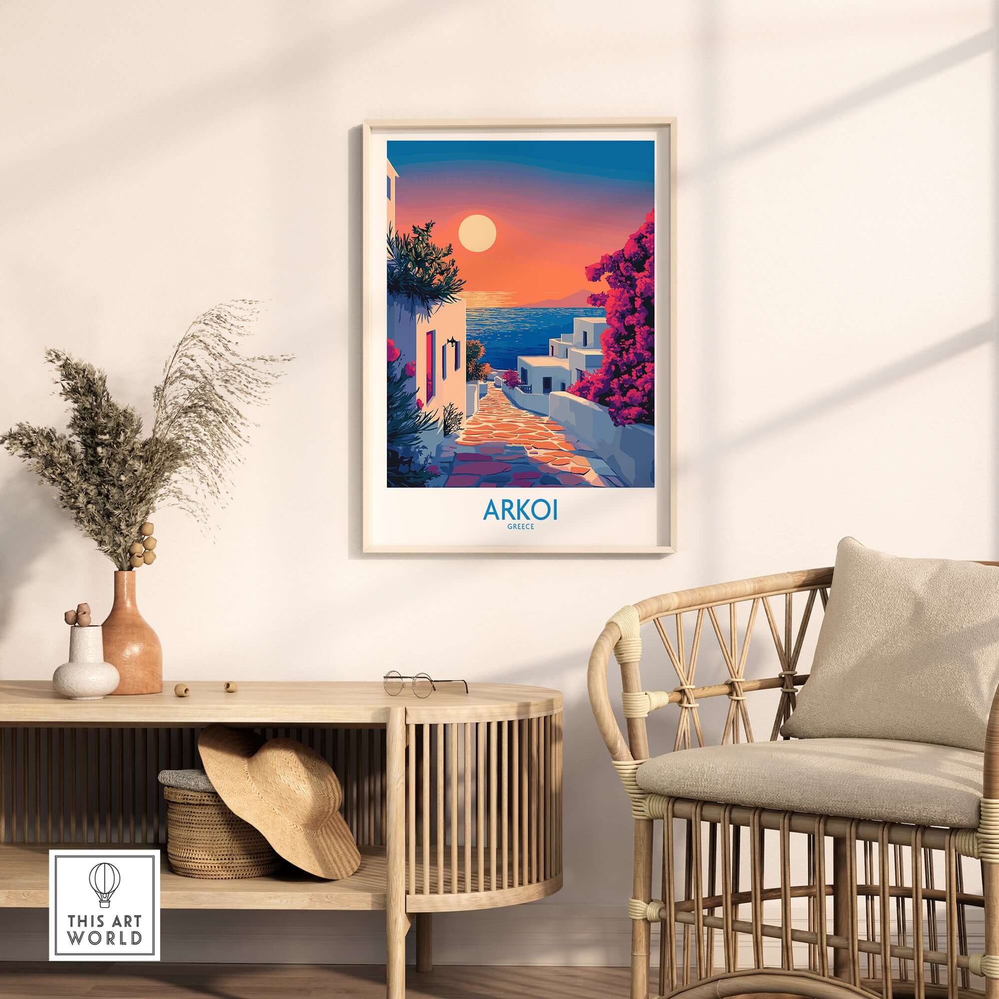Arkoi Poster Greece showcasing a sunset view over picturesque architecture in a serene setting.
