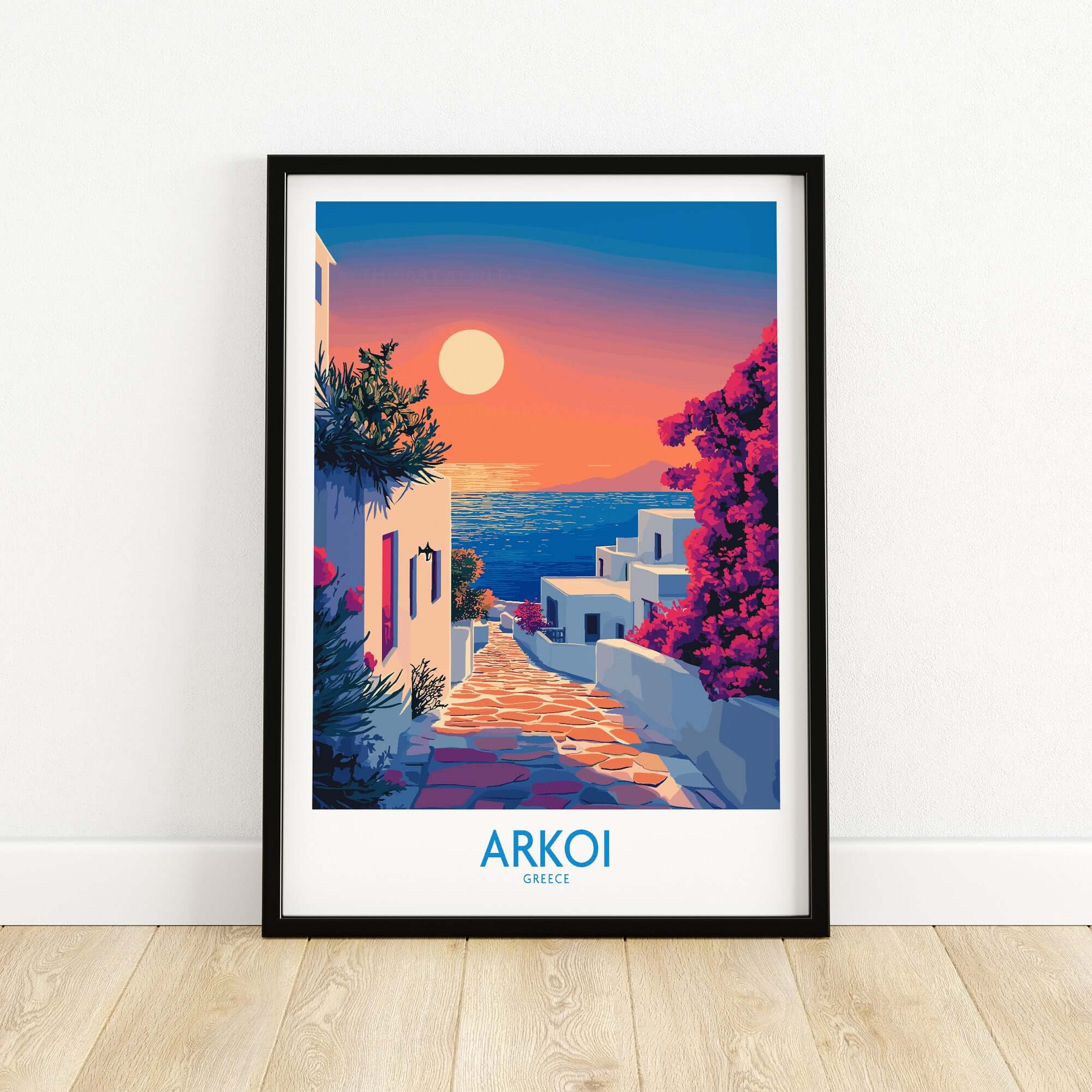 Arkoi Poster Greece featuring a serene sunset over picturesque streets of Arkoi, Greece, in vibrant colors.