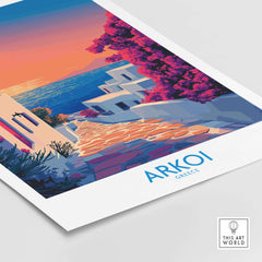 Arkoi Poster Greece vibrant artwork featuring a picturesque pathway with blooming flowers and stunning sea view.