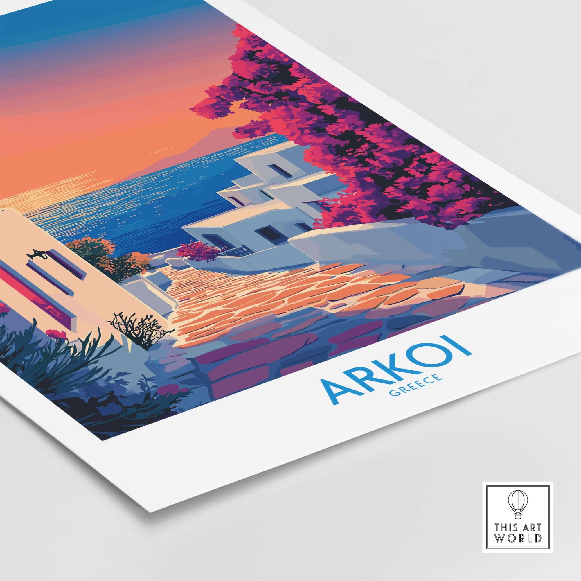 Arkoi Poster Greece vibrant artwork featuring a picturesque pathway with blooming flowers and stunning sea view.
