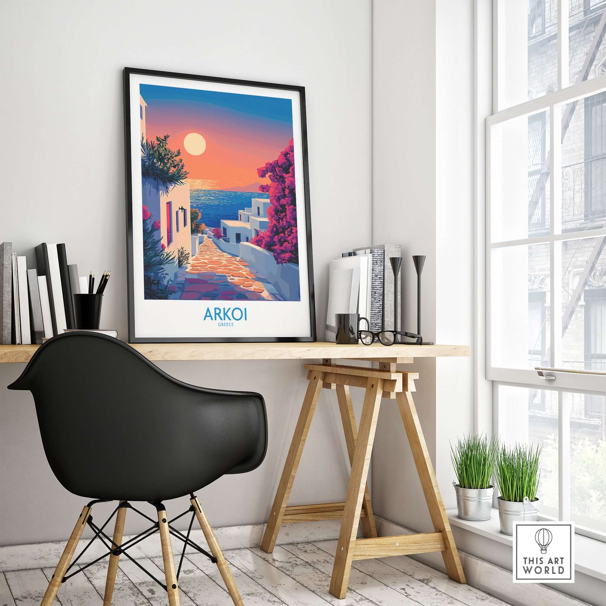 Arkoi Poster Greece features a stunning sunset scene, perfect for bringing warmth to any room.