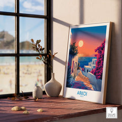 Arkoi Poster Greece showcasing a beautiful sunset scene by the sea, enhancing any room's decor.