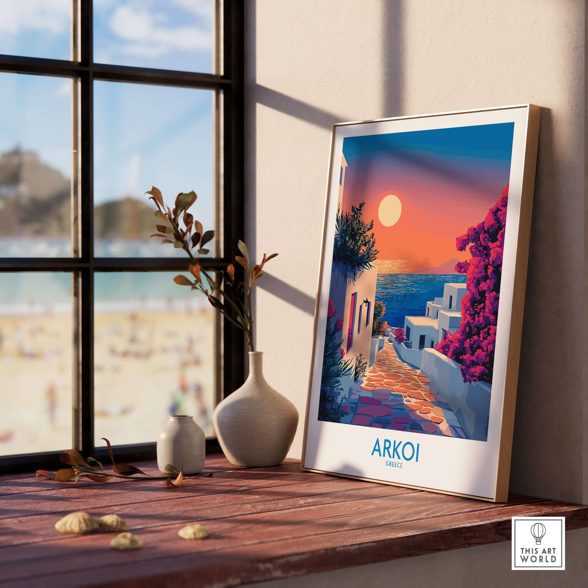 Arkoi Poster Greece showcasing a beautiful sunset scene by the sea, enhancing any room's decor.
