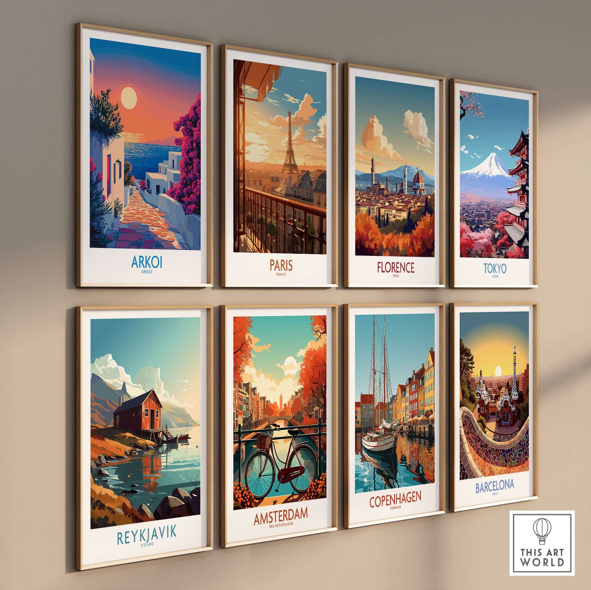 Arkoi Poster Greece among a collection of vibrant city posters featuring Paris, Florence, Tokyo, and more.