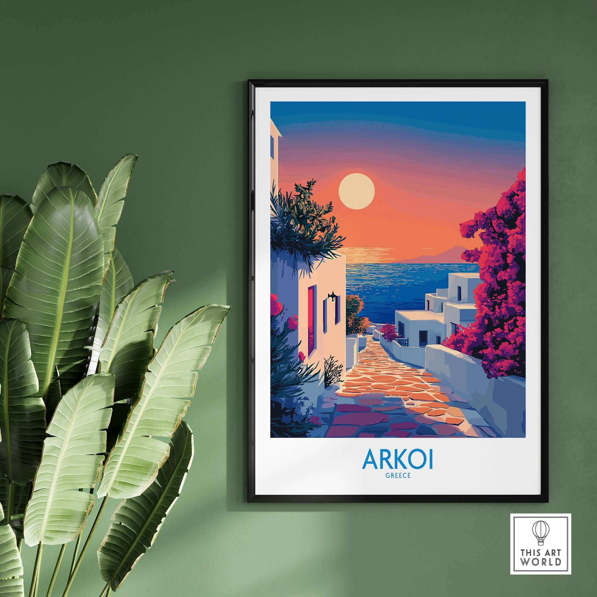 Arkoi Poster Greece featuring a vibrant sunset over a picturesque path in Greece.