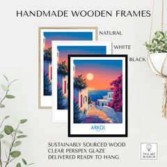 Arkoi Poster Greece showcased in handmade wooden frames in natural, white, and black options.