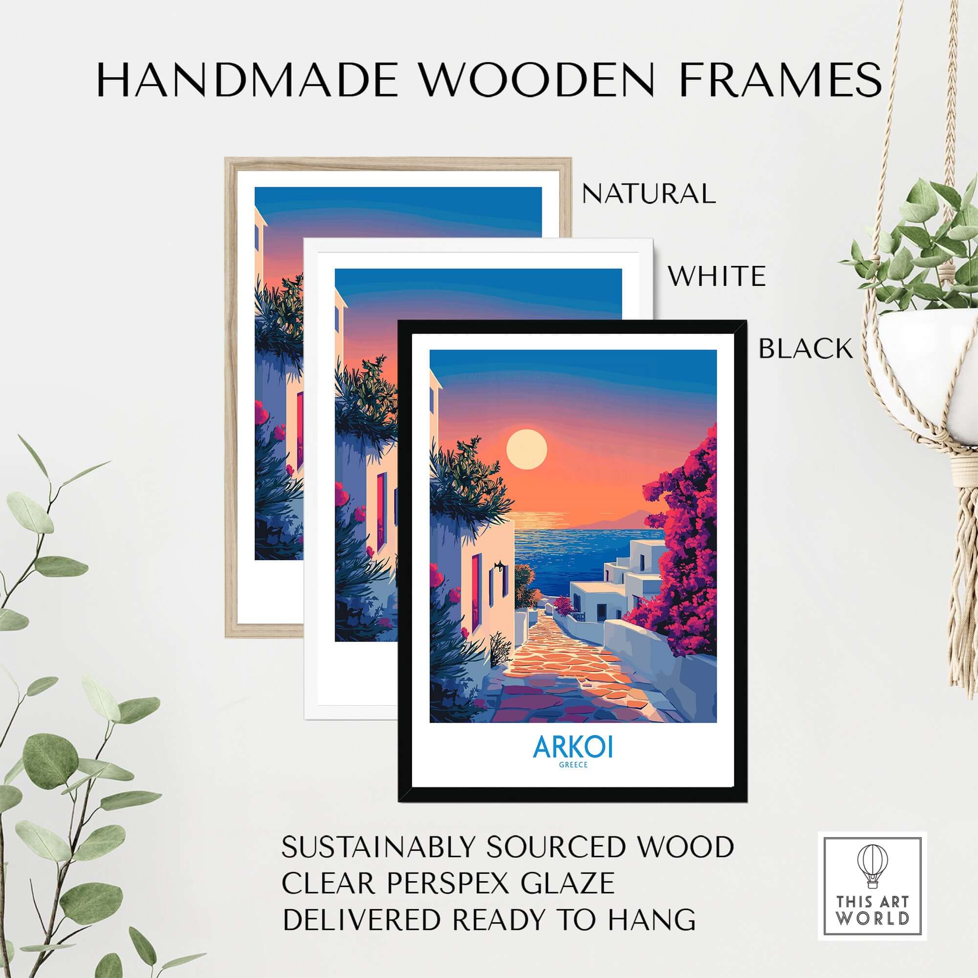 Arkoi Poster Greece showcased in handmade wooden frames in natural, white, and black options.