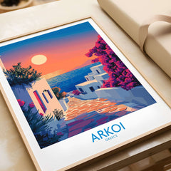 Arkoi Poster Greece showcasing a stunning sunset over the picturesque island, adding warmth to any home decor.