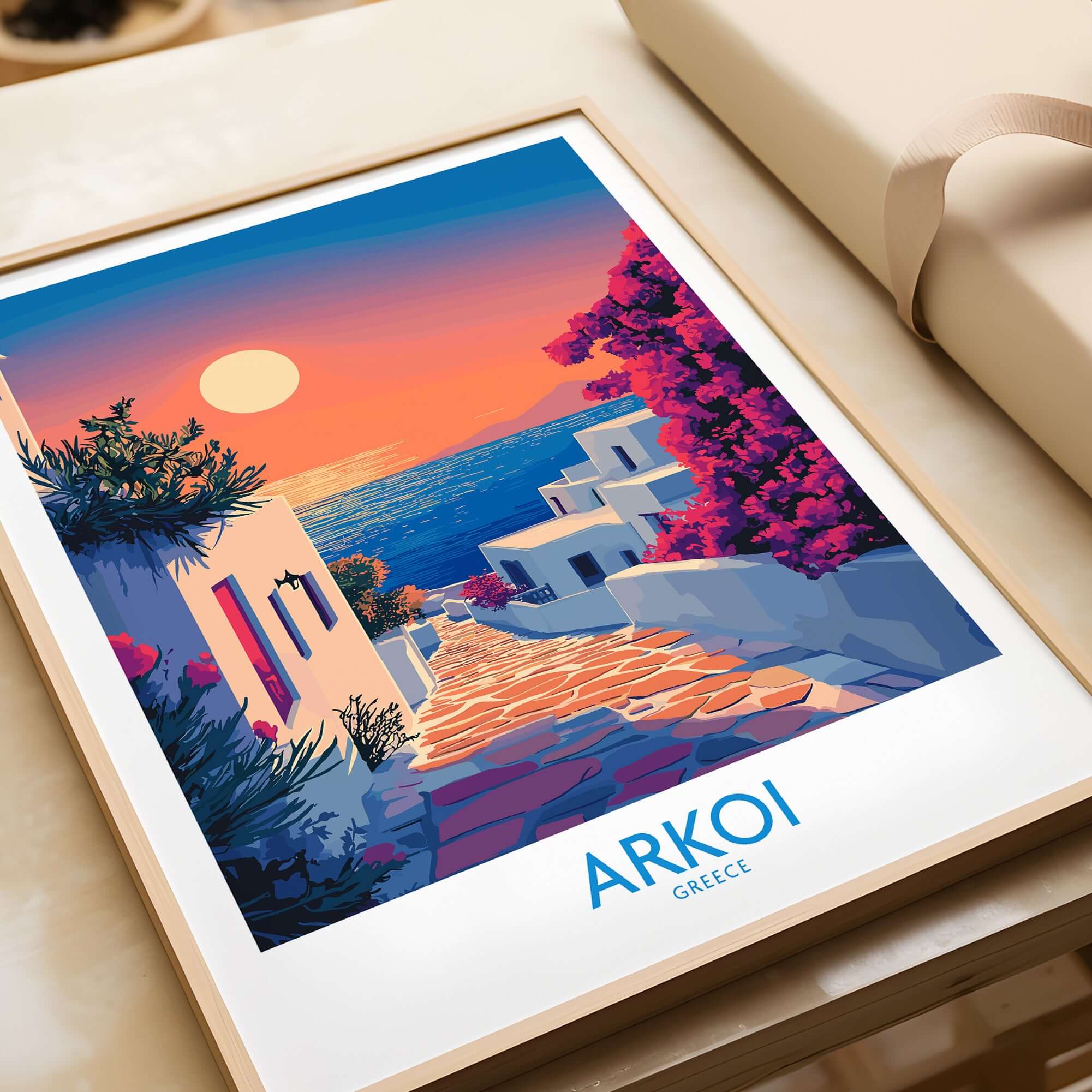 Arkoi Poster Greece showcasing a stunning sunset over the picturesque island, adding warmth to any home decor.