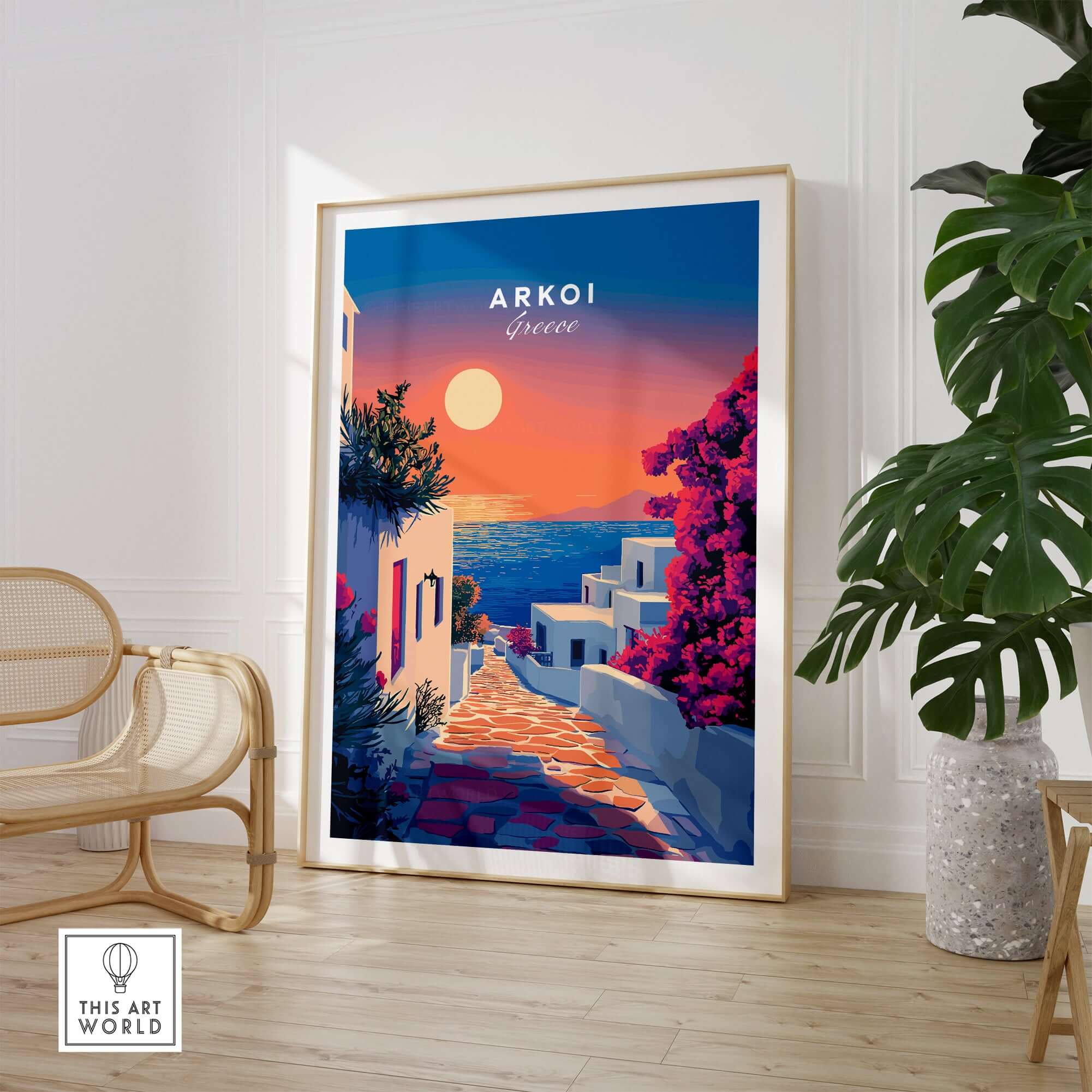 Arkoi Print Greece artwork featuring a vibrant sunset over a Greek island, perfect for home decor.