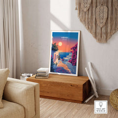 Arkoi Print Greece showcasing a stunning sunset and vibrant colors in a cozy home decor setting.