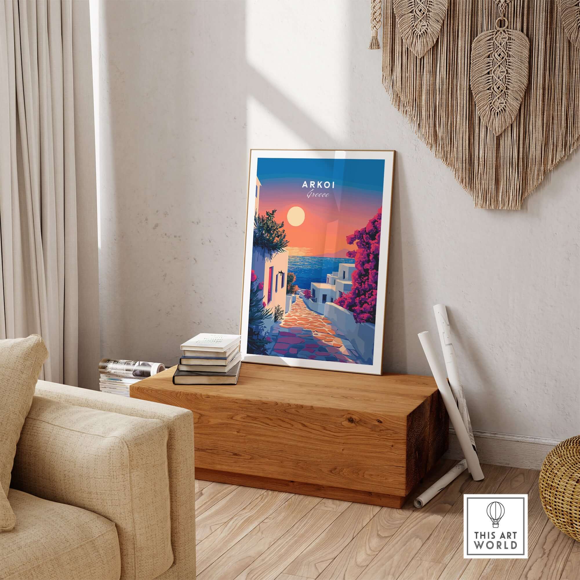 Arkoi Print Greece showcasing a stunning sunset and vibrant colors in a cozy home decor setting.