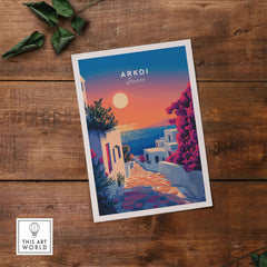 Arkoi Print Greece showcasing a stunning Greek sunset over the iconic white buildings by the sea.