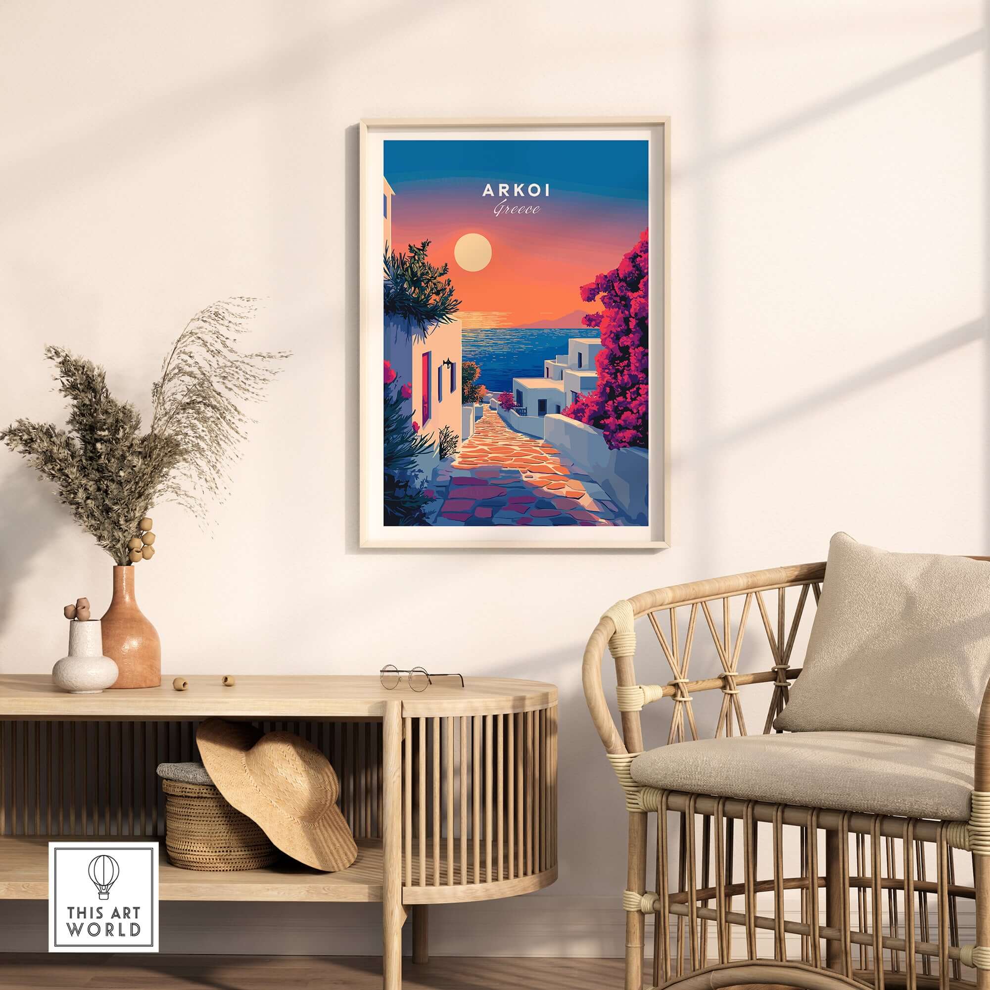 Arkoi Print Greece showcasing a stunning sunset scene of Greek architecture and vibrant nature.