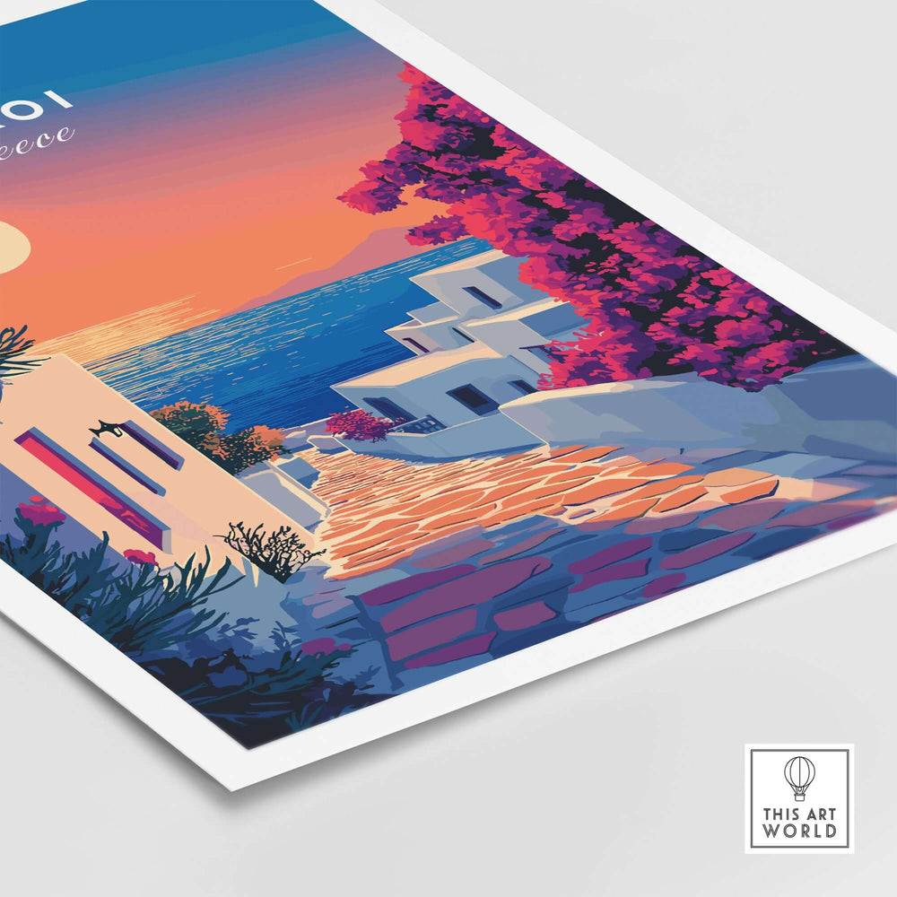 Arkoi Print Greece showcasing a vibrant sunset over Greek architecture and blooming flowers, perfect for home decor.