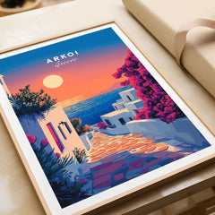 Arkoi Print Greece showcasing a vibrant sunset over Greek island houses and blooming flowers, perfect for home decor.