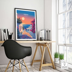 Arkoi Print Greece showcased in a stylish home office with beautiful sunset colors and vibrant Greek scenery.