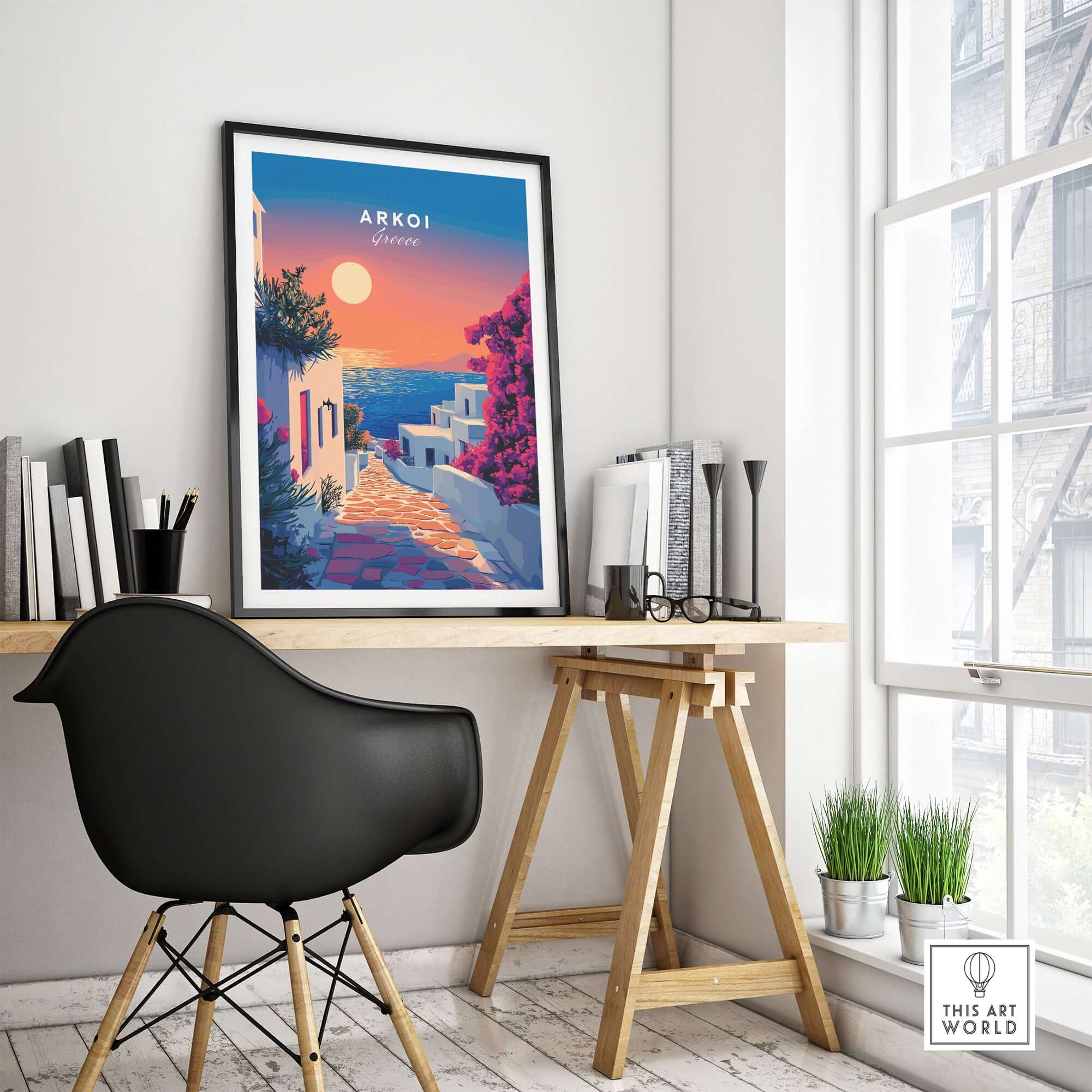 Arkoi Print Greece showcased in a stylish home office with beautiful sunset colors and vibrant Greek scenery.