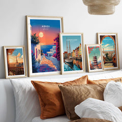 Collection of framed Arkoi Print Greece artworks showcasing beautiful Greek landscapes and vibrant colors.