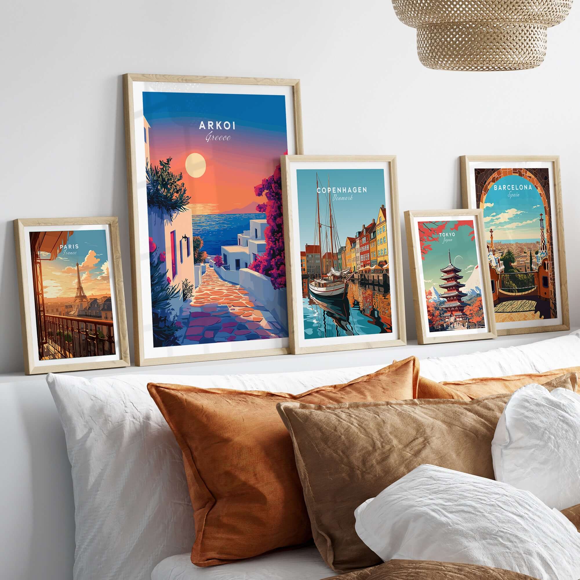Collection of framed Arkoi Print Greece artworks showcasing beautiful Greek landscapes and vibrant colors.
