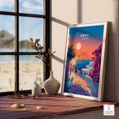 Arkoi Print Greece displayed in a frame, showcasing a stunning sunset over a Greek island.