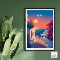 Arkoi Print Greece showcasing a vibrant sunset and serene coastal scene in a framed artwork.